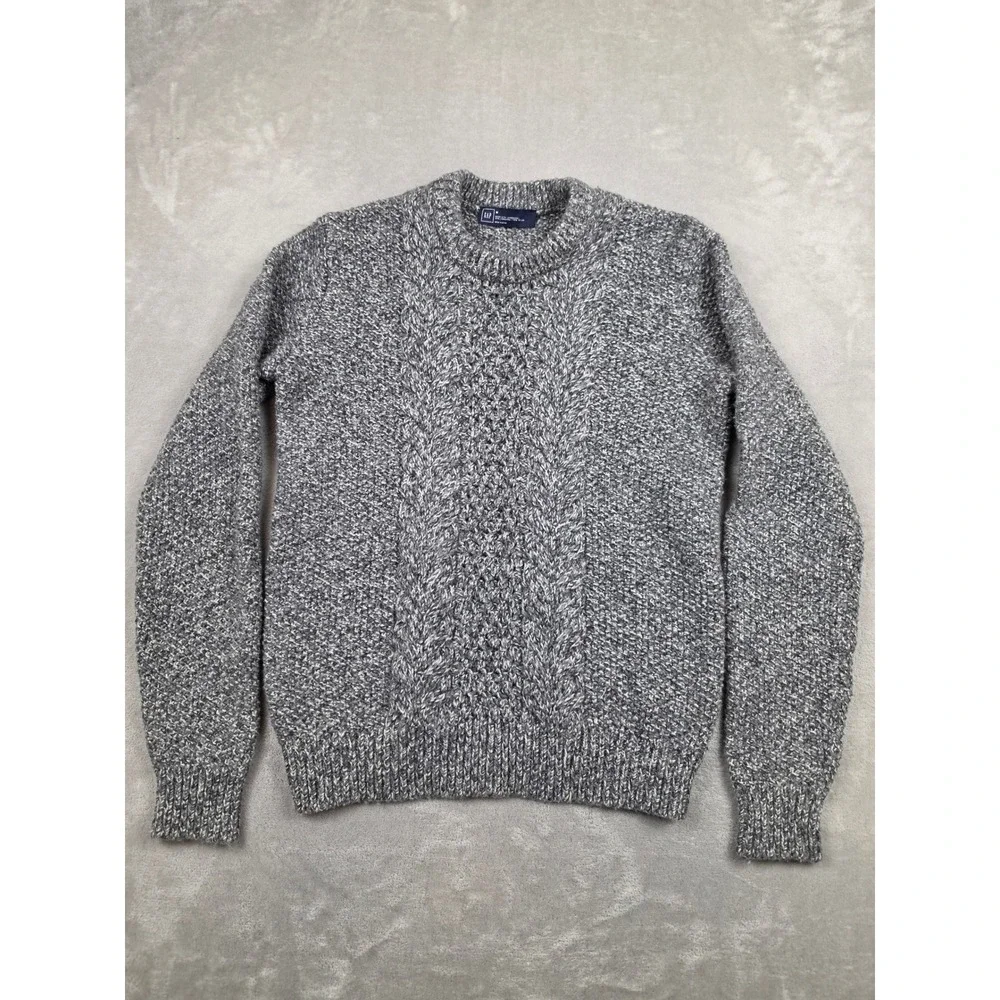 Gap Marled Chunky Cable Knit Sweater Mens M Gray Lambswool Nylon Crewneck *Read